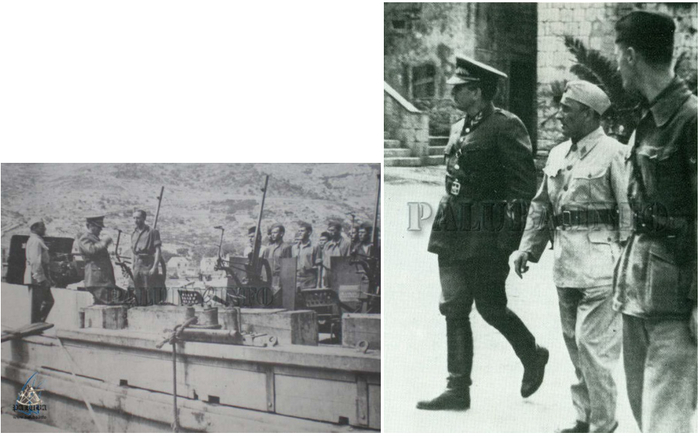 Верховный командующий НОАЮ И.Броз Тито инспектирует силы партизанского флота на о.Вис; известный щеголь, "первый товарищ Тито" уже обзавелся маршальской униформой с "дубками"