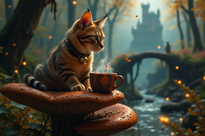 Who said magic is only spells and potions? Magic is just a cup of coffee in the right place, at the right time… - My, Neural network art, Images, Coffee, cat, Fairy forest