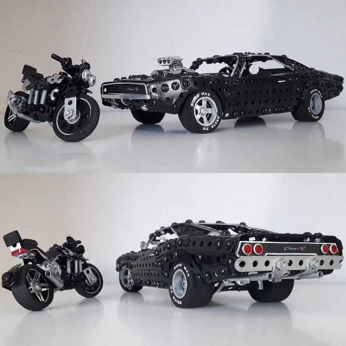 Triumph Rocket, Dodge Charger from metal construction set, wire, rubber and cardboard - My, Dodge, Dodge charger, Muscle car, Retro car, Motorcyclists, Triumph, Modeling