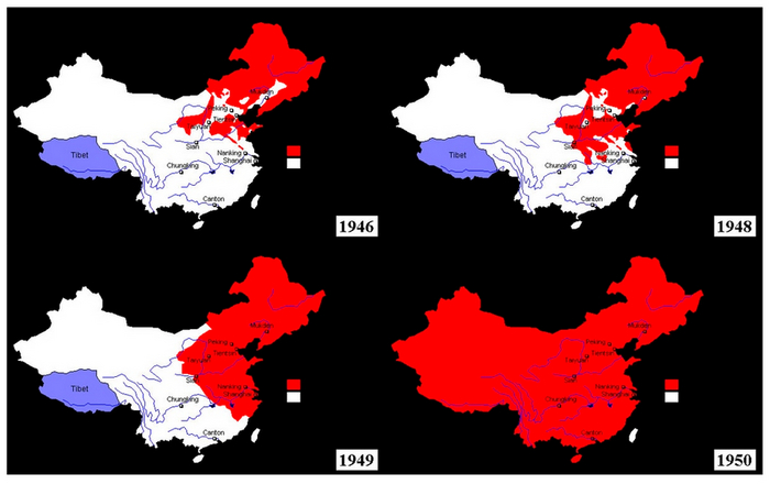 Рост территории КНР в 46-50 гг. Посмотрите на дату присоединения Тибета - из обычной борьбы за возвращение утраченных территорий буржуазная пропаганда сделала зубодробительный пропагандистский трагический культ.