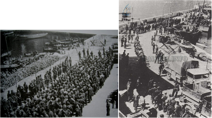 Немецкие военнопленные, взятые НОАЮ на о-вах Млет и Корчула, под конвоем дожидаются погрузки на корабли и вывоза на о.Вис (где им предстояло пройти позорным маршем по улицам освобожденных партизанами населенных пунктов)