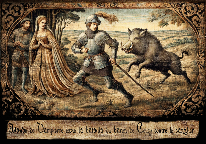 Иоланта Дампьерская наблюдает за битвой барона де Куси с кабаном