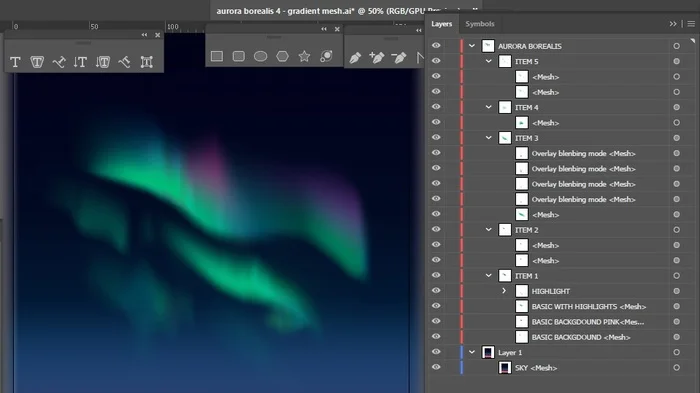 Northern Lights in Gradient mesh technique over mountains and lake, with reflection in water - My, Adobe illustrator, Polar Lights, North Aurora, Longpost
