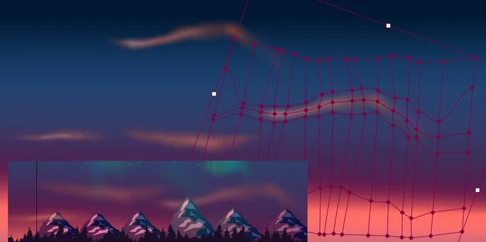 Northern Lights in Gradient mesh technique over mountains and lake, with reflection in water - My, Adobe illustrator, Polar Lights, North Aurora, Longpost