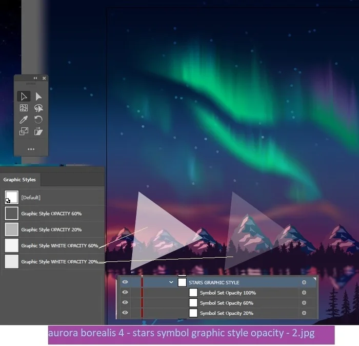 Northern Lights in Gradient mesh technique over mountains and lake, with reflection in water - part 2 - My, Adobe illustrator, North Aurora, Longpost