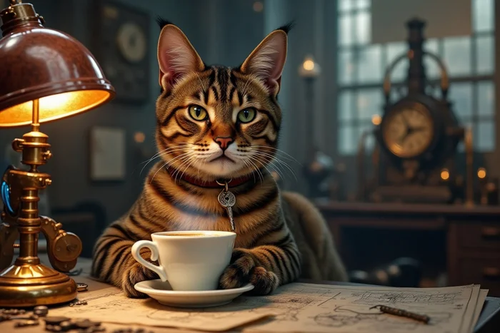 When you're a cat inventor and coffee is the fuel for brilliant ideas! - My, Neural network art, cat, Coffee, Steampunk