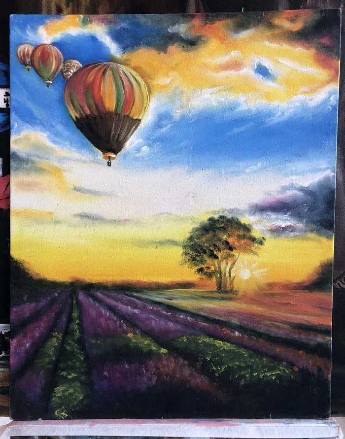 Sunset, lavender) - My, Painting, Painting, Canvas, Author's painting, Oil painting, Etude, Lavender, Balloon, Sunset, Field, Video, Vertical video, Short videos, Longpost