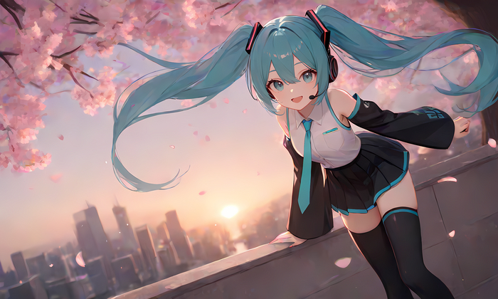 Мику, сакура и закат