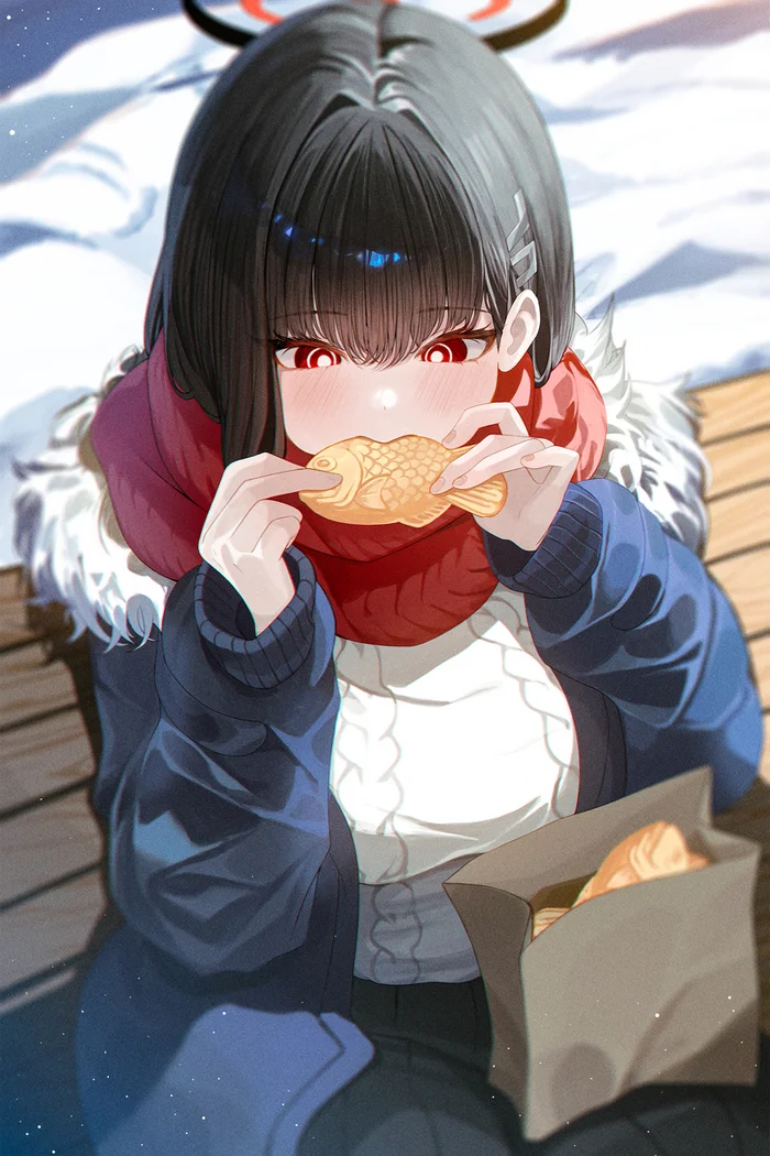Sweet bun eats sweet bun - Anime, Anime art, Blue archive, Tsukatsuki Rio, Red eyes, Taiyaki