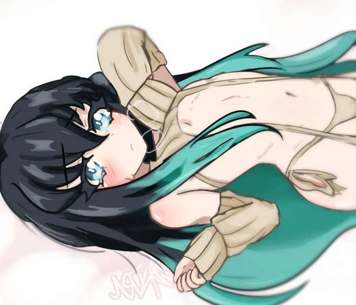 A well-deserved rest - My, Art, Anime art, Anime, Anime trap, Its a trap!, Kimetsu no yaiba, Tokitou Muichirou, Etty, Femboy, Blue eyes