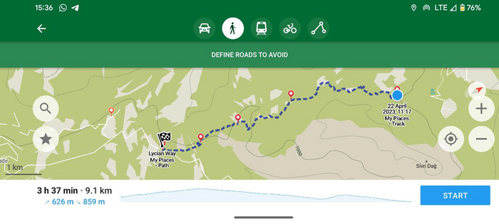 Интерфейс Organic Maps. Синим шрифтом указаны перепады высоты (подъем и спуск), а так же кривая перепадов на маршруте.
