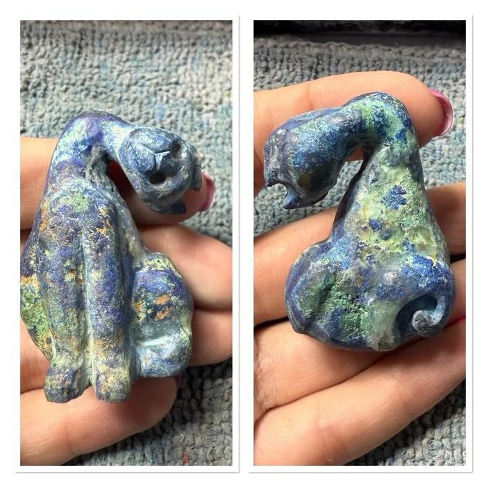 Glitchy Cat from Azurmalachite - My, Needlework with process, Needlework, With your own hands, Friday tag is mine, Stone carving, cat, Azurite, Malachite, Figurines, Longpost