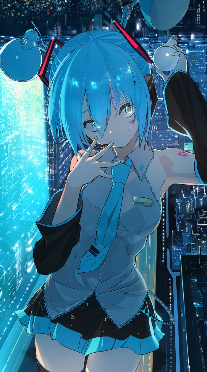 Night city - Anime art, Town, Giantess, Hatsune Miku, Night