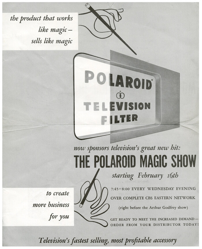 Листовка с рекламой позже переименованного «Волшебного шоу Polaroid», 1949 год. Предоставлено документами корпорации Polaroid, библиотекой Бейкера, Гарвардской школой бизнеса.
