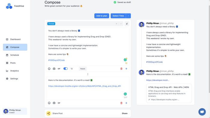 Раздел генерации постов из сервиса FeedHive