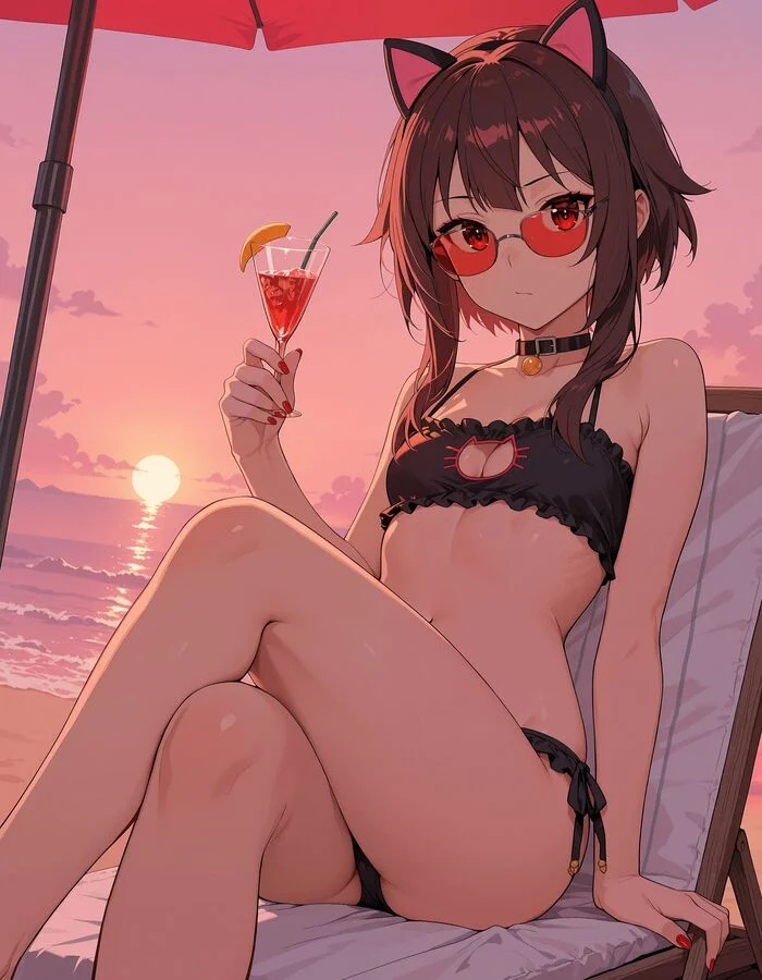 Konosuba Friday: Megumin - My, Neural network art, Anime art, Anime, Stable diffusion, Girls, Konosuba, Megumin, Red eyes, Tuxedo, Bikini, Glasses, Longpost