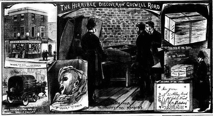 Газетная иллюстрация о найденной коробке с трупом девочки. В правом нижнем углу можно рассмотреть образец почерка на открытке. Судя по всему, он действительно женский...