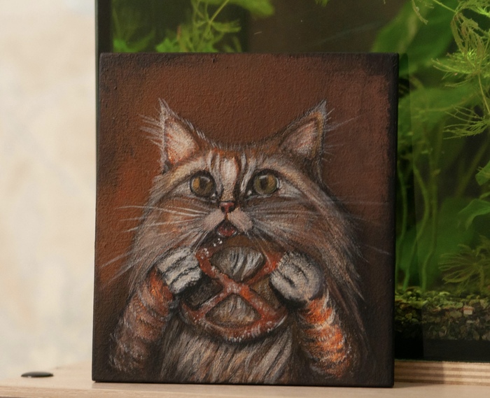 Кошечка лакомка. Картина с атмосферой города кошек