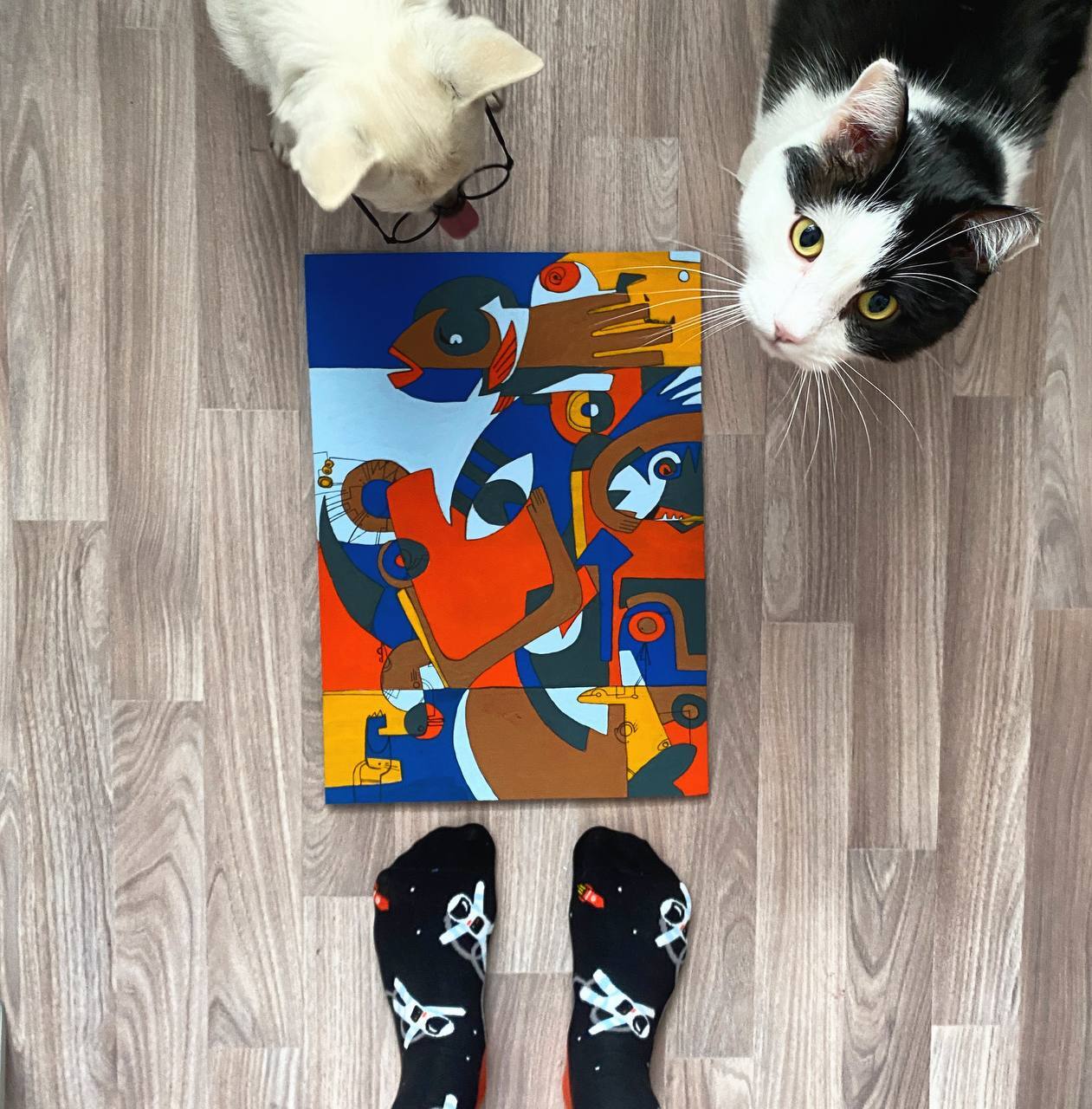 I'm drawing while I'm drawing - My, Olz777, Nostrils, Girls, Painting, Painting, Acrylic, Canvas, cat, Socks, The photo, Art, Decor, Cubism, Paints, Longpost