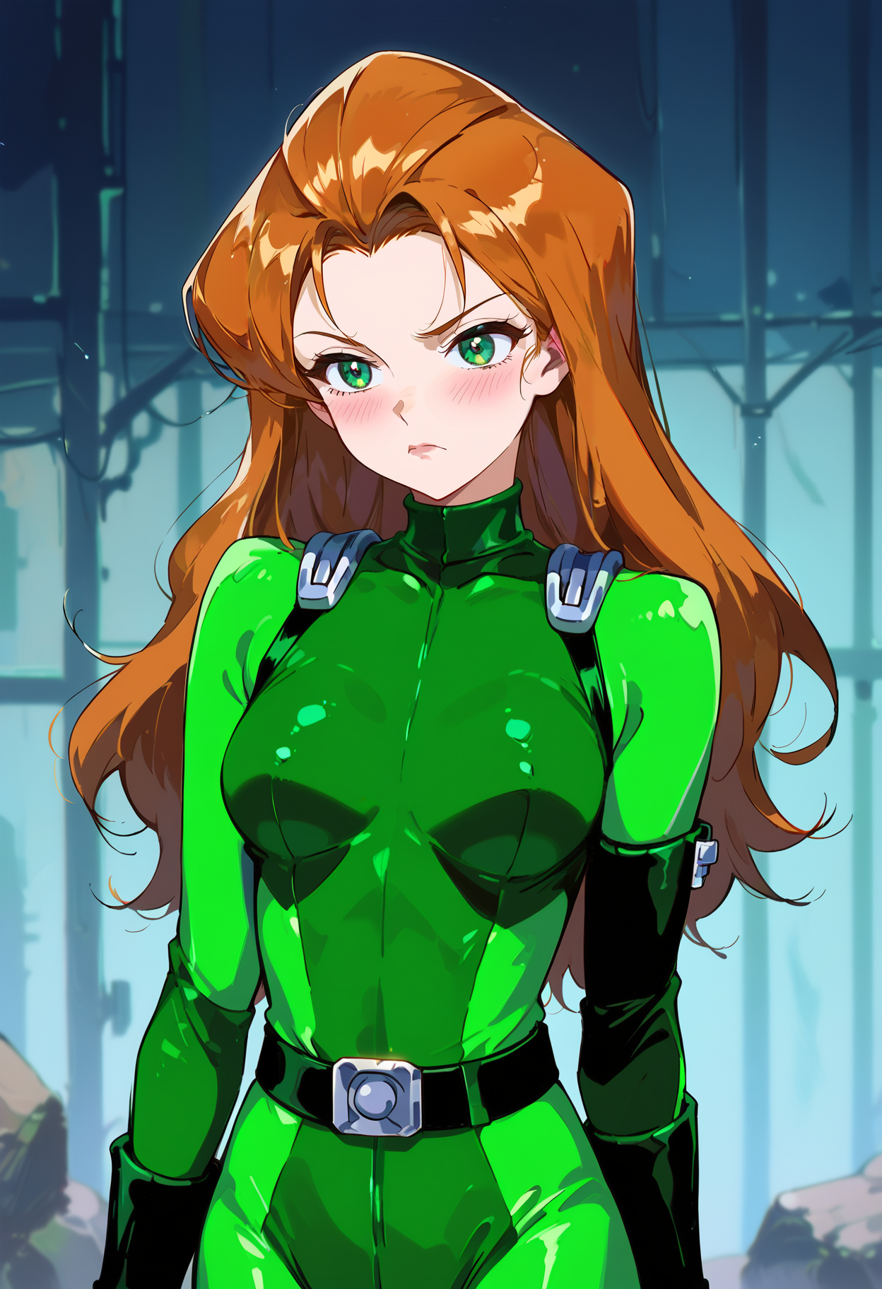 Смущающаяся Сэм - Моё, Totally Spies, Sam (Totally Spies), Девушки, Anime Art, Аниме, Арт, Арты нейросетей, Мультсериалы, 2000-е, Рыжие, Длинные волосы, Комбинезон, Смущение, Длиннопост, Ретро