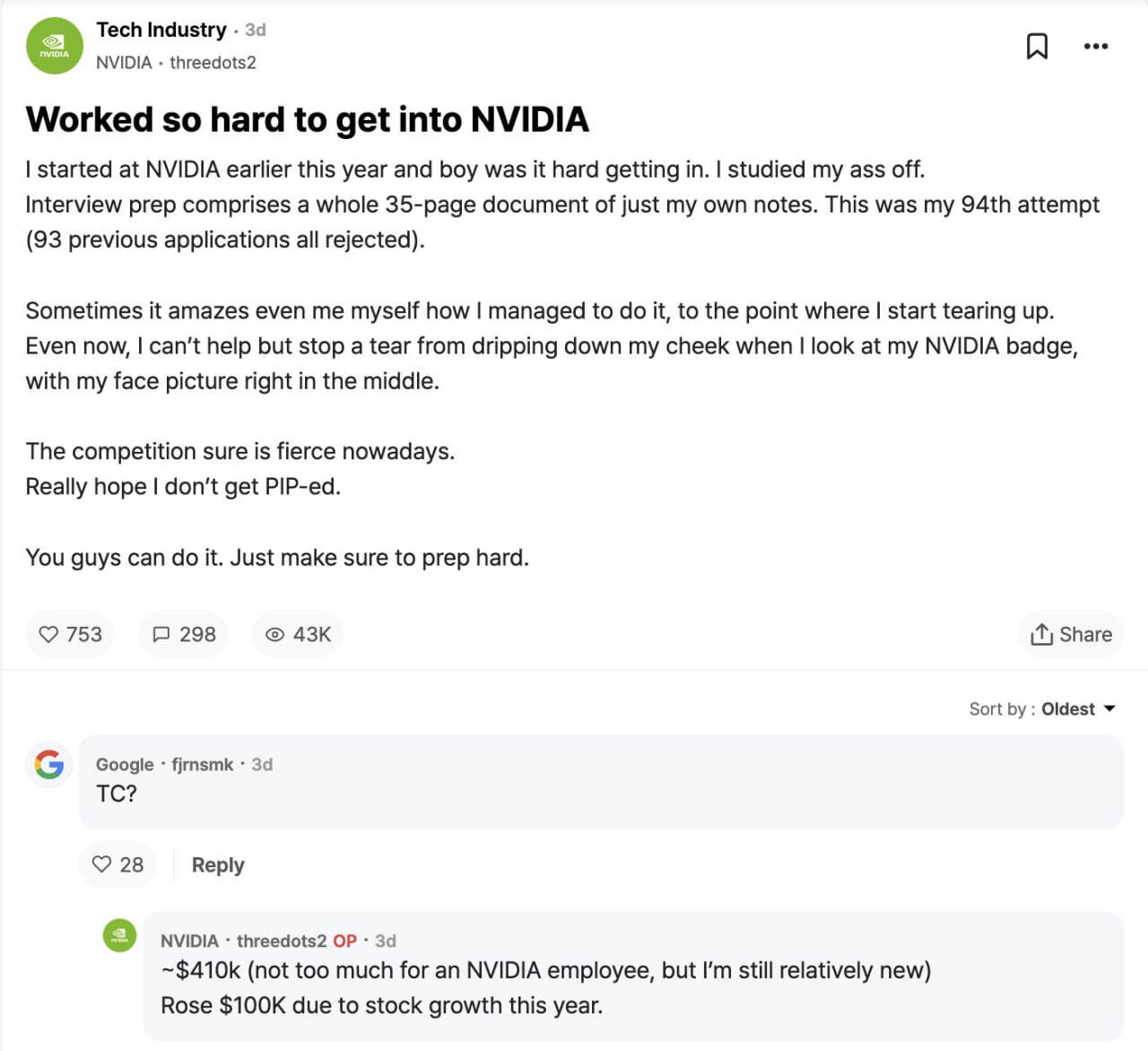 Motivation of the day: the guy told how he was able to get a job at Nvidia on his 94th (!) attempt. What did it cost him? - Motivation, Salary, Translation, Nvidia, Interview, Work searches, Profession