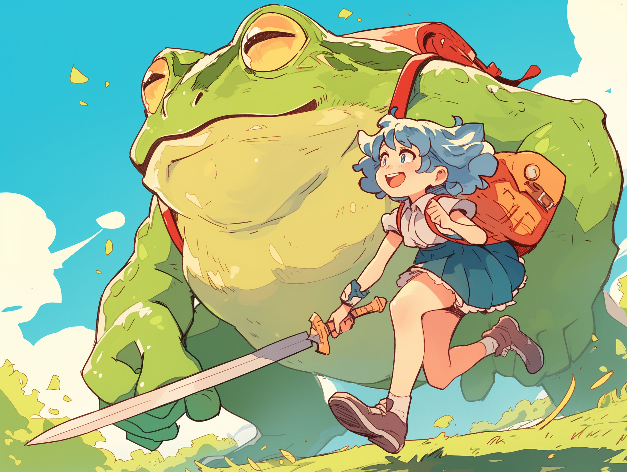 Let's go quickly, this quest is only available on Wednesdays! - My, Art, Anime, Girls, Anime art, Original character, Toad, Frogs, Neural network art, Midjourney, Memes, It Is Wednesday My Dudes, Wednesday, Blue hair, RPG, Quest, Sword, Best friend, Milota, Adventures