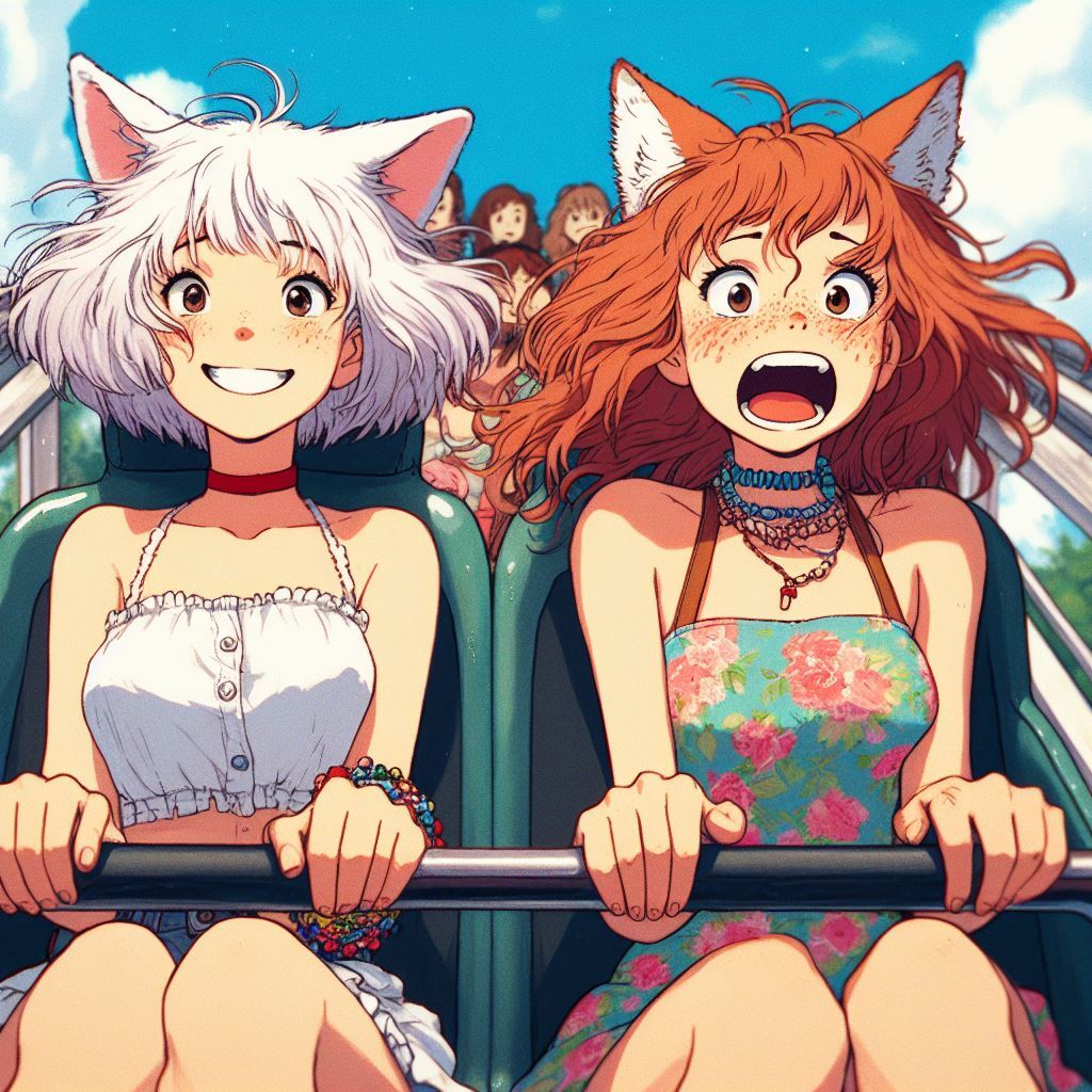 With the wind - My, Neural network art, Нейронные сети, Art, Girls, Anime art, Anime, Original character, Kitsune, Animal ears, Tail, Redheads, Freckles, Roller coaster, Ginger & White