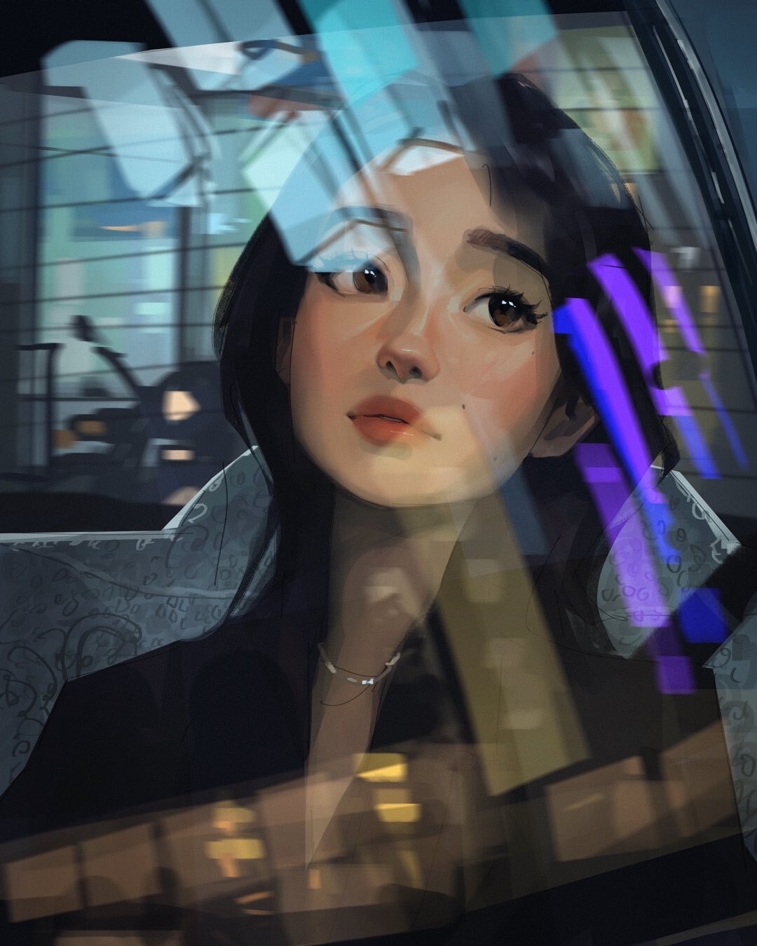 Night city lights - Drawing, Town, Signboard, Reflection, City lights, Girls, Auto, Sam yang, Art