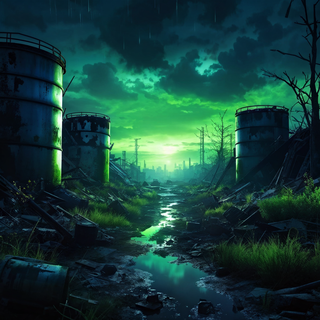 Post-apocalyptic landscape with glow of nuclear waste - My, Нейронные сети, Midjourney, Neural network art, Stable diffusion, Art, Images, Illustrations, Post apocalypse, Masterpiece (Yandex), Dall-e, Desktop wallpaper, Longpost