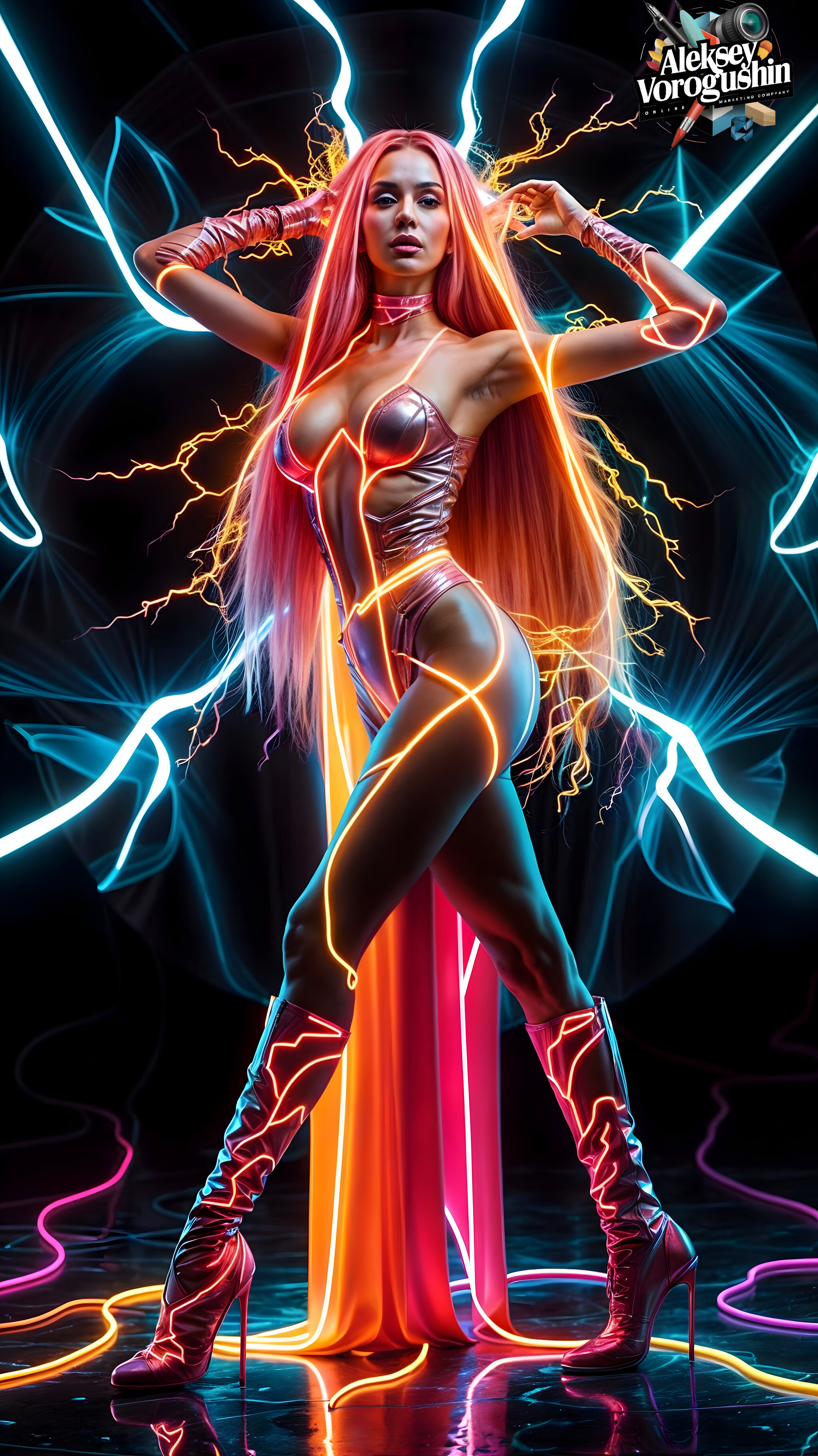 Contemporary artist. Neuroartist: Alexey Gennadievich Vorogushin. Beautiful girl in neon rays - My, Art, Neural network art, Phone wallpaper, Desktop wallpaper, Нейронные сети, Artist, 2D, Dall-e, Computer graphics, Colorful hair, Digital, Masterpiece (Yandex), Midjourney, Girls, Stable diffusion, Longpost, NSFW