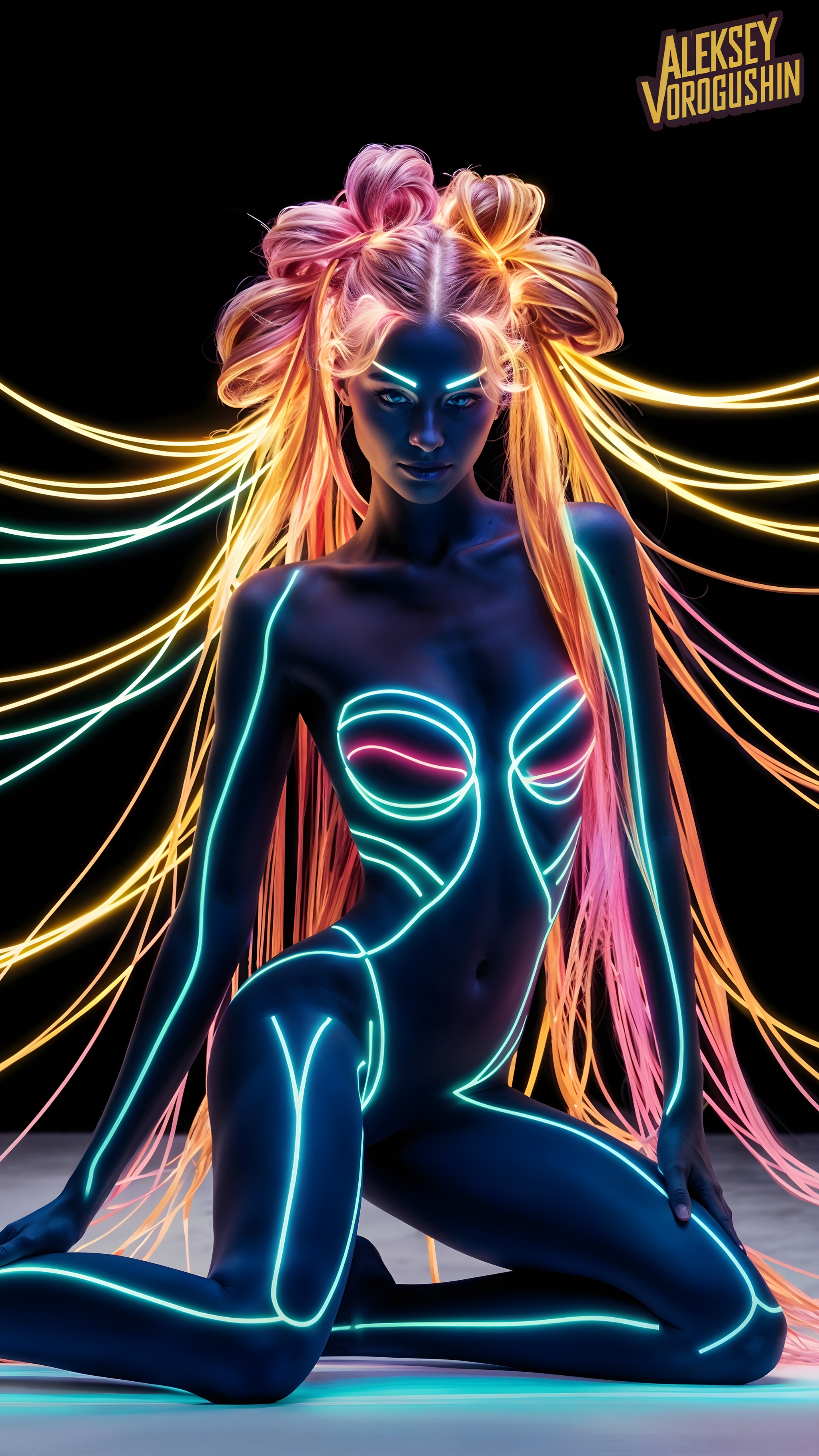 Contemporary artist. Neuroartist: Alexey Gennadievich Vorogushin. Beautiful girl in neon rays - My, Art, Neural network art, Phone wallpaper, Desktop wallpaper, Нейронные сети, Artist, 2D, Dall-e, Computer graphics, Colorful hair, Digital, Masterpiece (Yandex), Midjourney, Girls, Stable diffusion, Longpost, NSFW