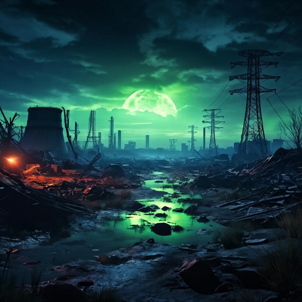 Post-apocalyptic landscape with glow of nuclear waste - My, Нейронные сети, Midjourney, Neural network art, Stable diffusion, Art, Images, Illustrations, Post apocalypse, Masterpiece (Yandex), Dall-e, Desktop wallpaper, Longpost