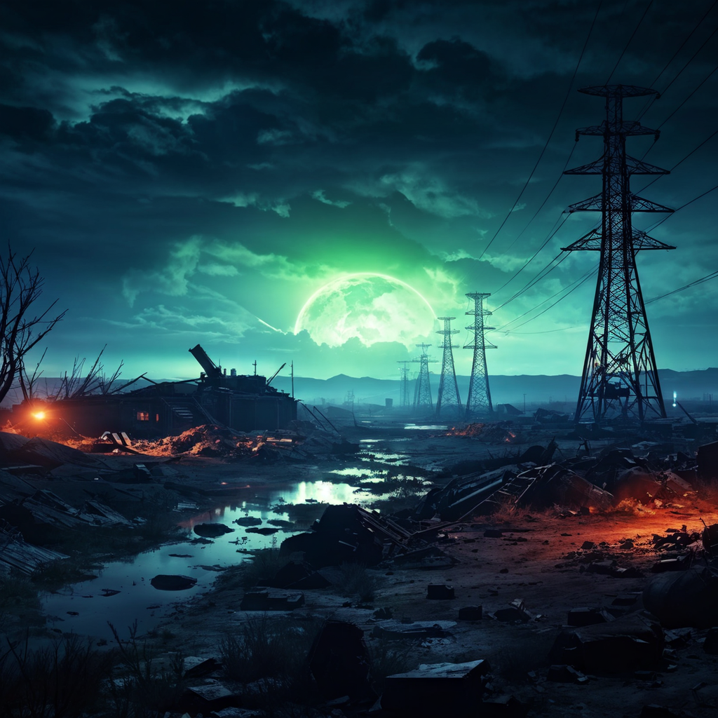 Post-apocalyptic landscape with glow of nuclear waste - My, Нейронные сети, Midjourney, Neural network art, Stable diffusion, Art, Images, Illustrations, Post apocalypse, Masterpiece (Yandex), Dall-e, Desktop wallpaper, Longpost