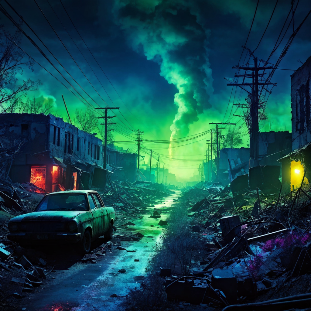 Post-apocalyptic landscape with glow of nuclear waste - My, Нейронные сети, Midjourney, Neural network art, Stable diffusion, Art, Images, Illustrations, Post apocalypse, Masterpiece (Yandex), Dall-e, Desktop wallpaper, Longpost