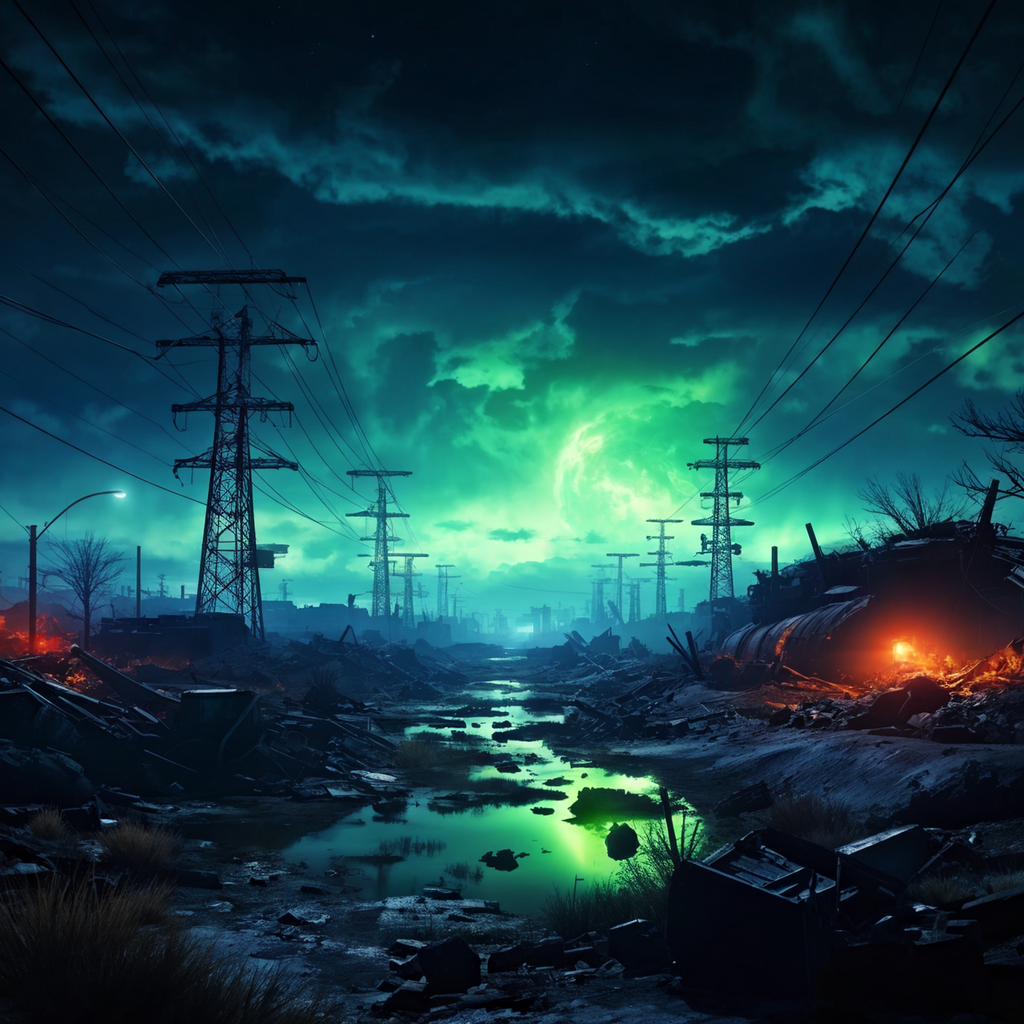 Post-apocalyptic landscape with glow of nuclear waste - My, Нейронные сети, Midjourney, Neural network art, Stable diffusion, Art, Images, Illustrations, Post apocalypse, Masterpiece (Yandex), Dall-e, Desktop wallpaper, Longpost