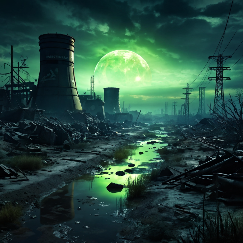 Post-apocalyptic landscape with glow of nuclear waste - My, Нейронные сети, Midjourney, Neural network art, Stable diffusion, Art, Images, Illustrations, Post apocalypse, Masterpiece (Yandex), Dall-e, Desktop wallpaper, Longpost