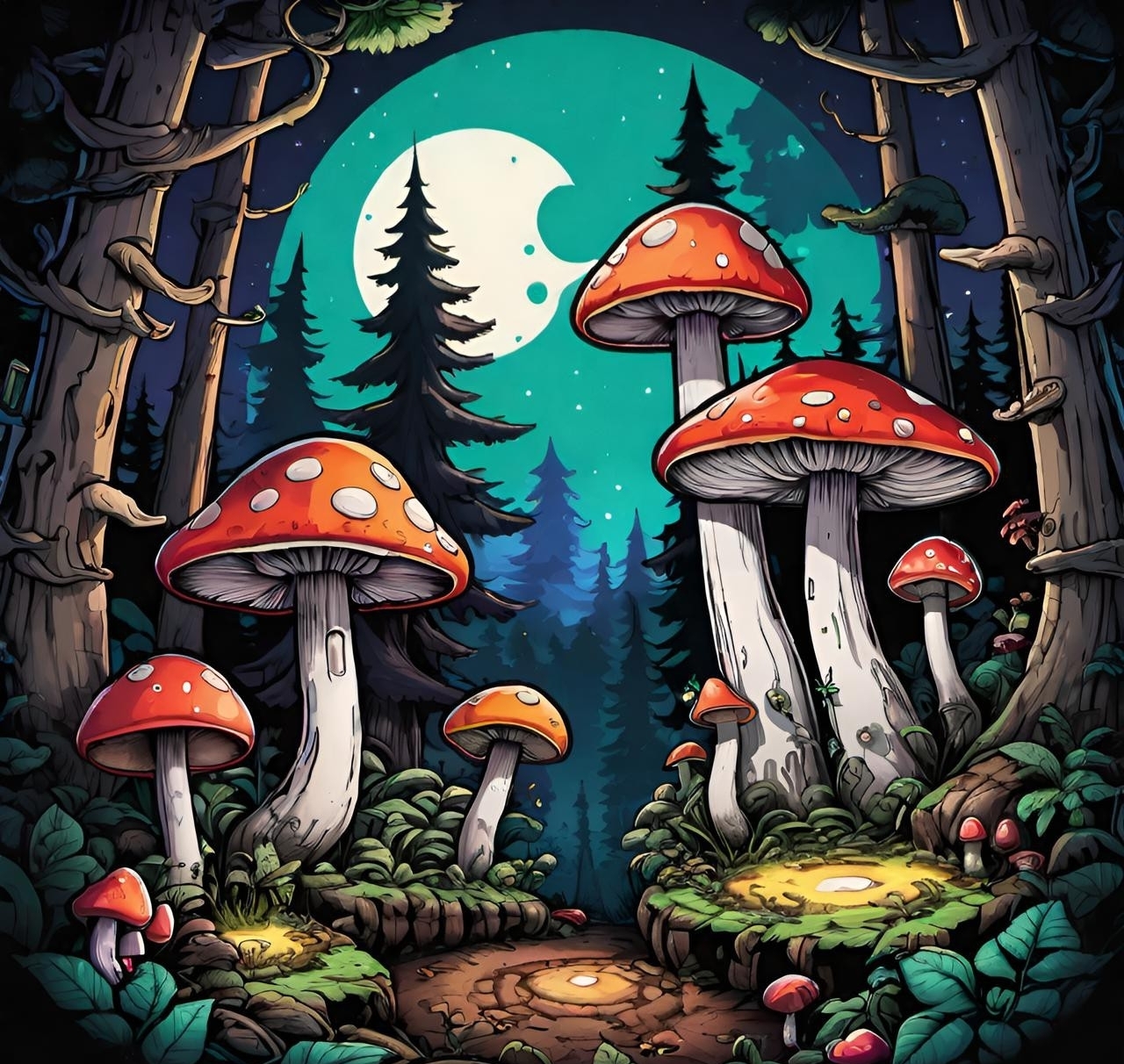 Part 5 Mushroom stories For big mushrooms - My, Mushrooms, Neural network art, Night, moon, Images, Toadstool, Forest, 2024, Artificial Intelligence, Longpost