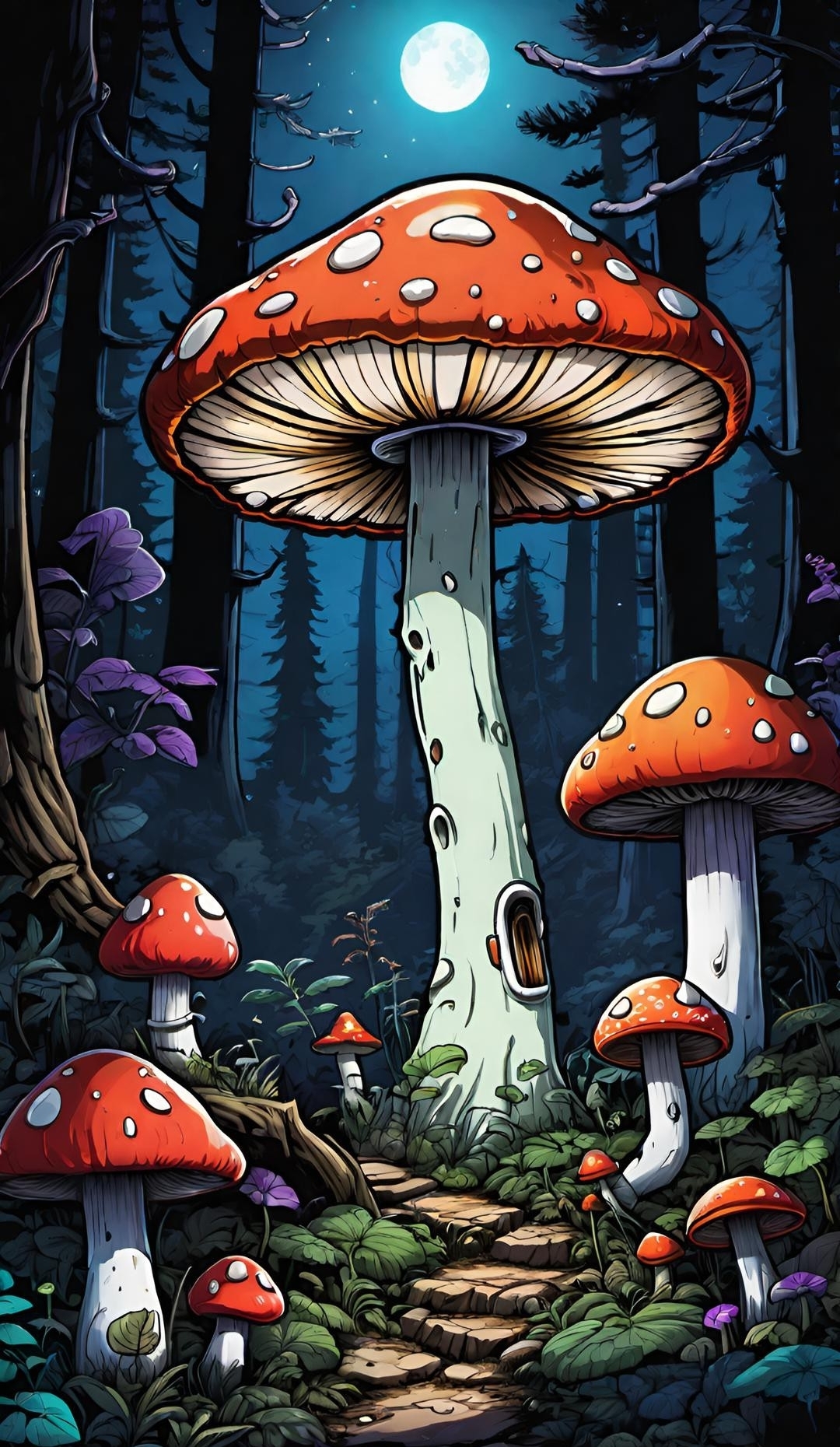 Part 5 Mushroom stories For big mushrooms - My, Mushrooms, Neural network art, Night, moon, Images, Toadstool, Forest, 2024, Artificial Intelligence, Longpost