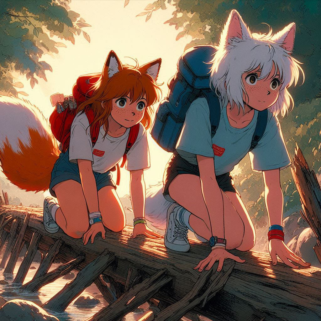 To an abandoned radio station, e03 - My, Neural network art, Нейронные сети, Art, Girls, Anime art, Anime, Original character, Kitsune, Animal ears, Tail, Redheads, Freckles, Hike, Summer, Memories, Bus, Ginger & White, Longpost