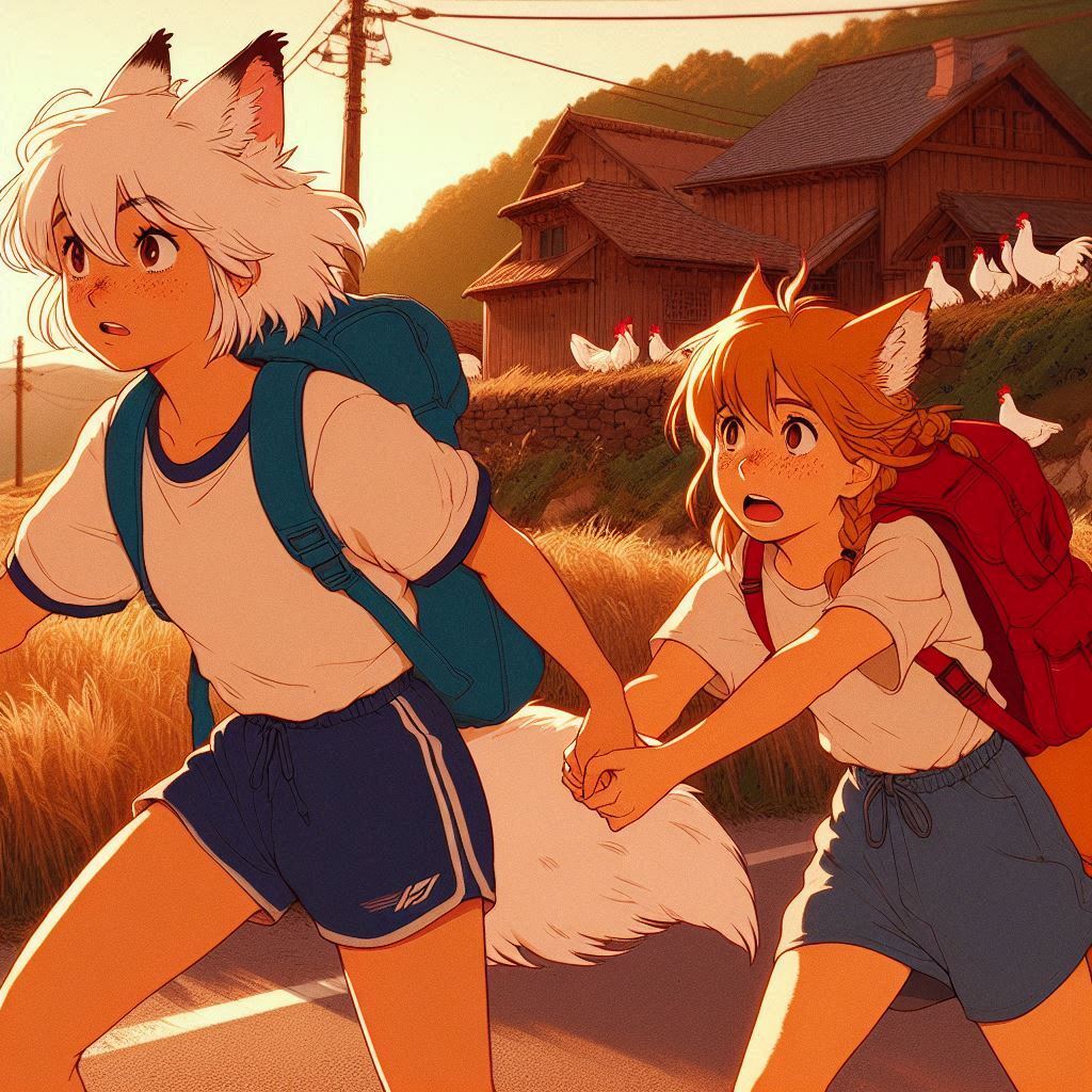 To an abandoned radio station, e03 - My, Neural network art, Нейронные сети, Art, Girls, Anime art, Anime, Original character, Kitsune, Animal ears, Tail, Redheads, Freckles, Hike, Summer, Memories, Bus, Ginger & White, Longpost