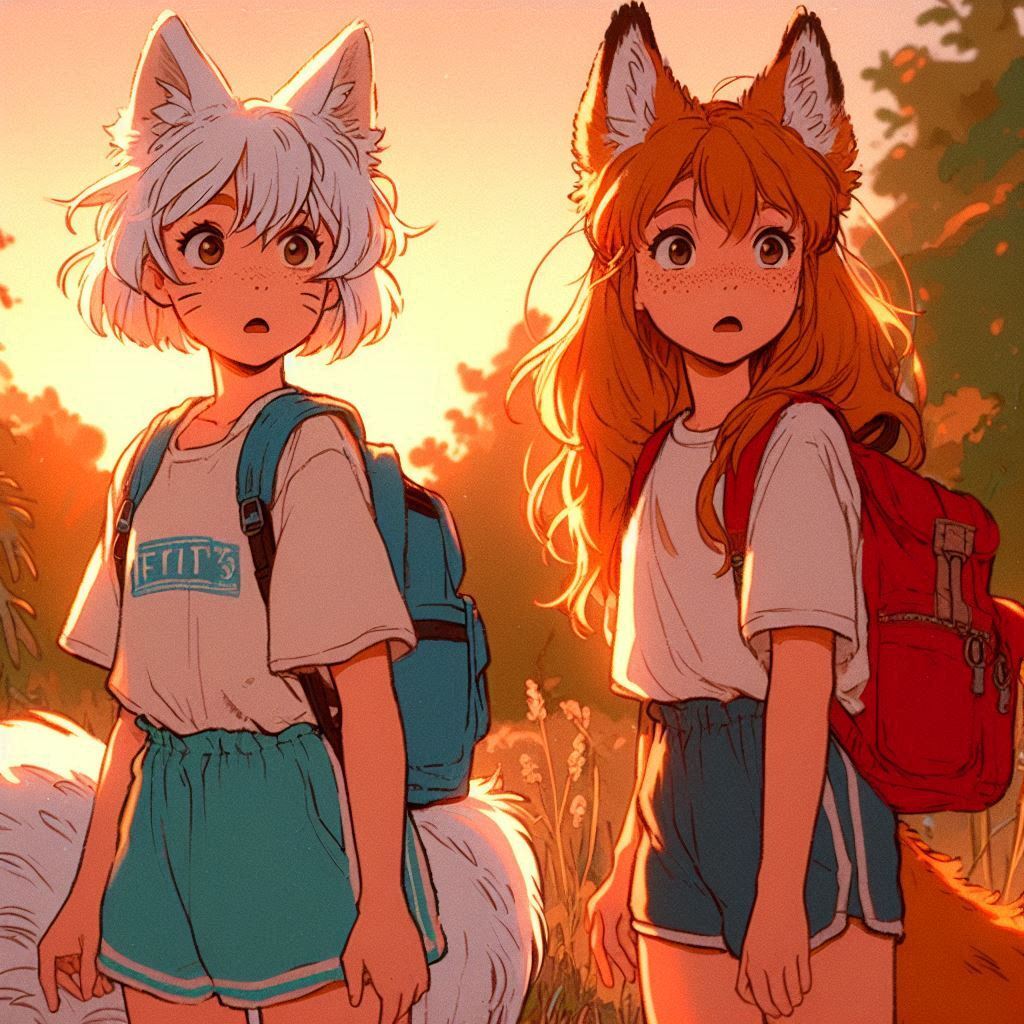 To an abandoned radio station, e03 - My, Neural network art, Нейронные сети, Art, Girls, Anime art, Anime, Original character, Kitsune, Animal ears, Tail, Redheads, Freckles, Hike, Summer, Memories, Bus, Ginger & White, Longpost