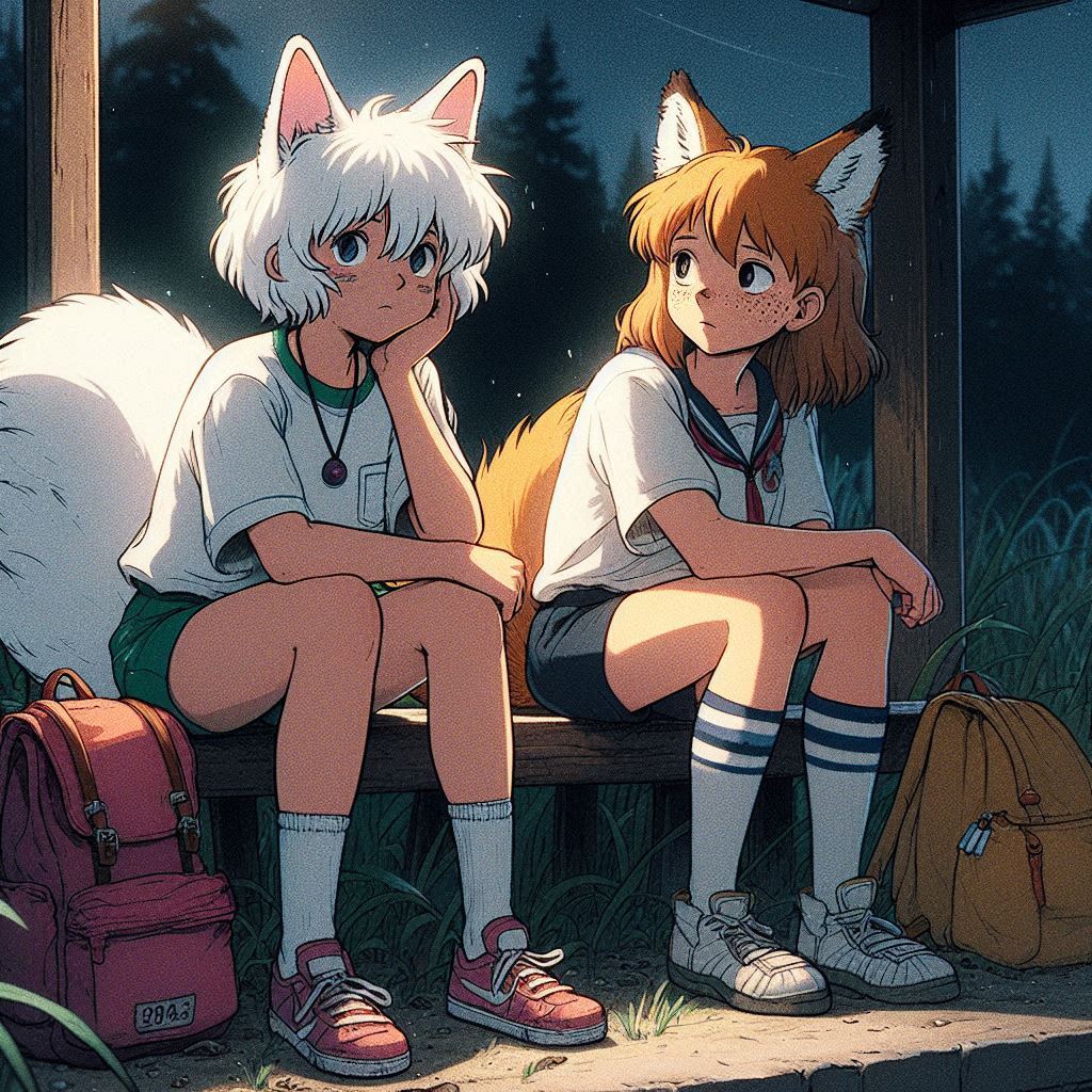 To an abandoned radio station, e03 - My, Neural network art, Нейронные сети, Art, Girls, Anime art, Anime, Original character, Kitsune, Animal ears, Tail, Redheads, Freckles, Hike, Summer, Memories, Bus, Ginger & White, Longpost