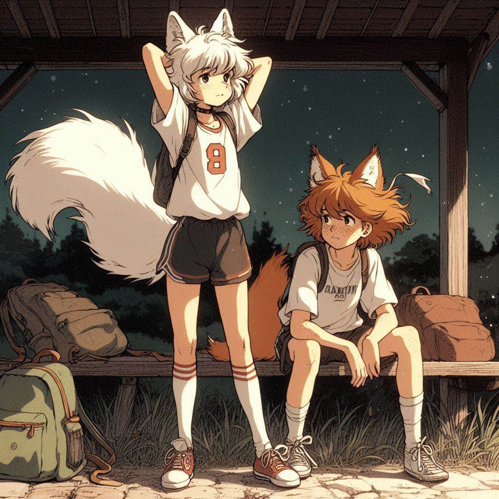 To an abandoned radio station, e03 - My, Neural network art, Нейронные сети, Art, Girls, Anime art, Anime, Original character, Kitsune, Animal ears, Tail, Redheads, Freckles, Hike, Summer, Memories, Bus, Ginger & White, Longpost