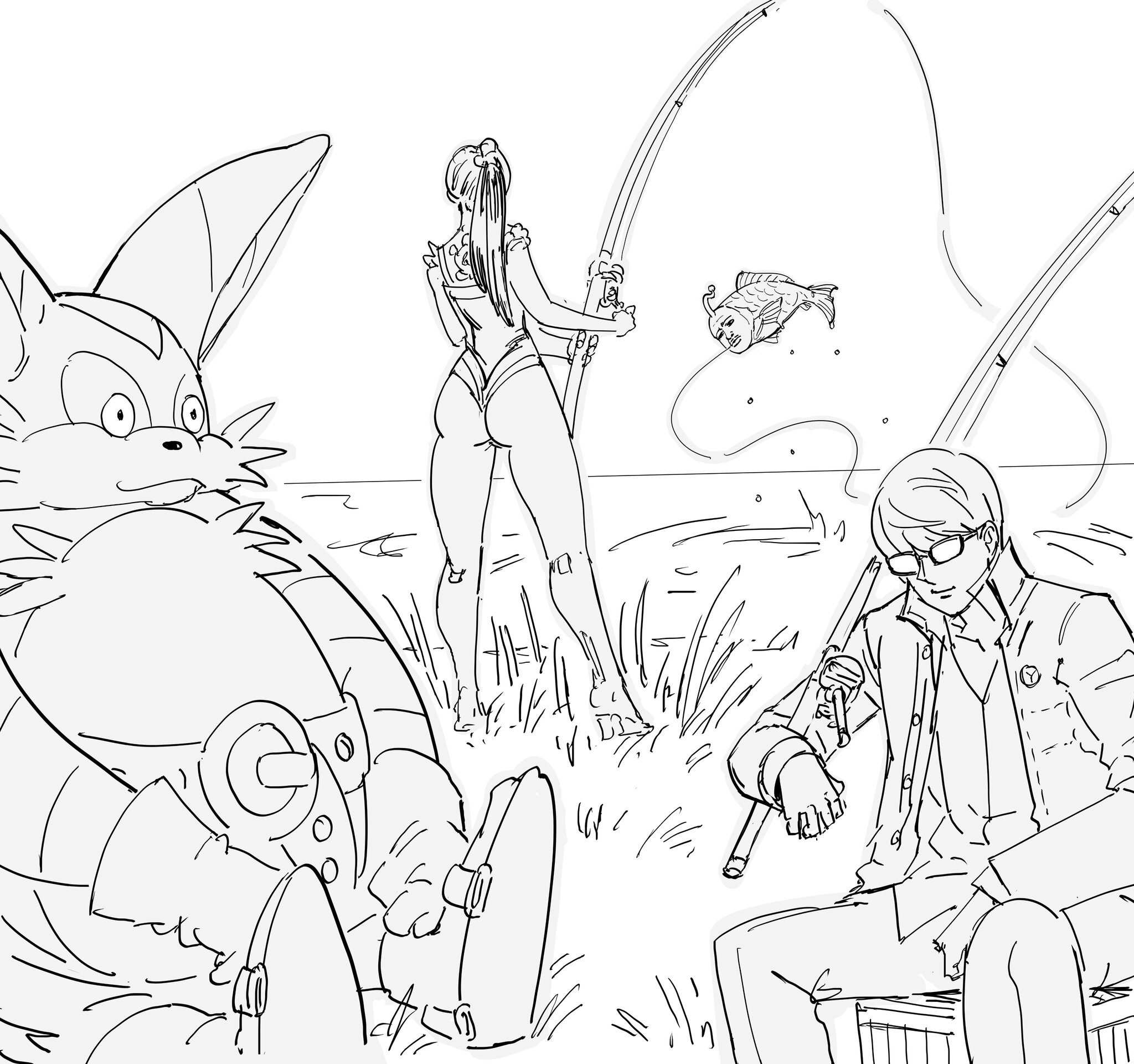 Fishing is our everything! - Baalbuddy, Art, Anime, Anime art, Comics, Crossover, Stellar Blade, Eve (Stellar Blade), Persona, Persona 4, Sonic Team, Translated by myself