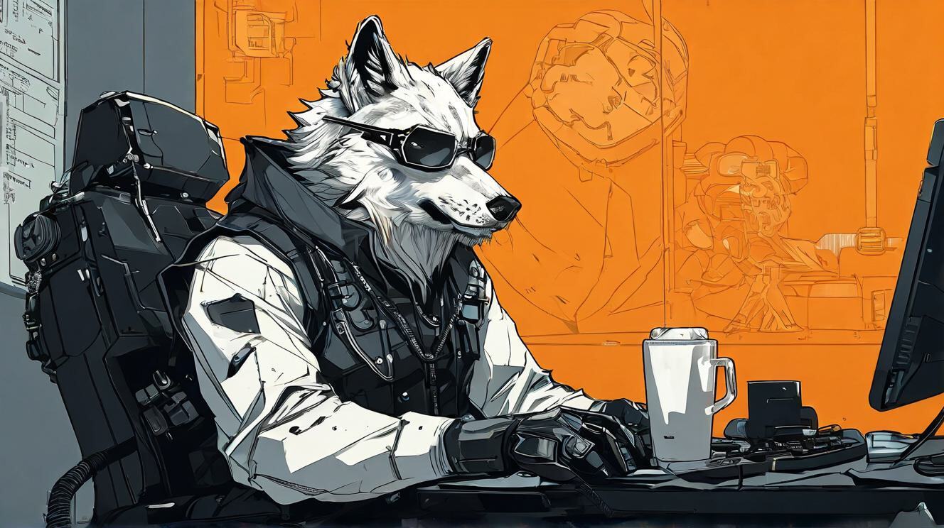 Furry art from Wolfmks #37 based on Deus Ex Mankind Divided™ - My, Furry, Art, Art, Furry art, Neural network art, Wolf, Furry wolf, Longpost, Cyberpunk, Lineart