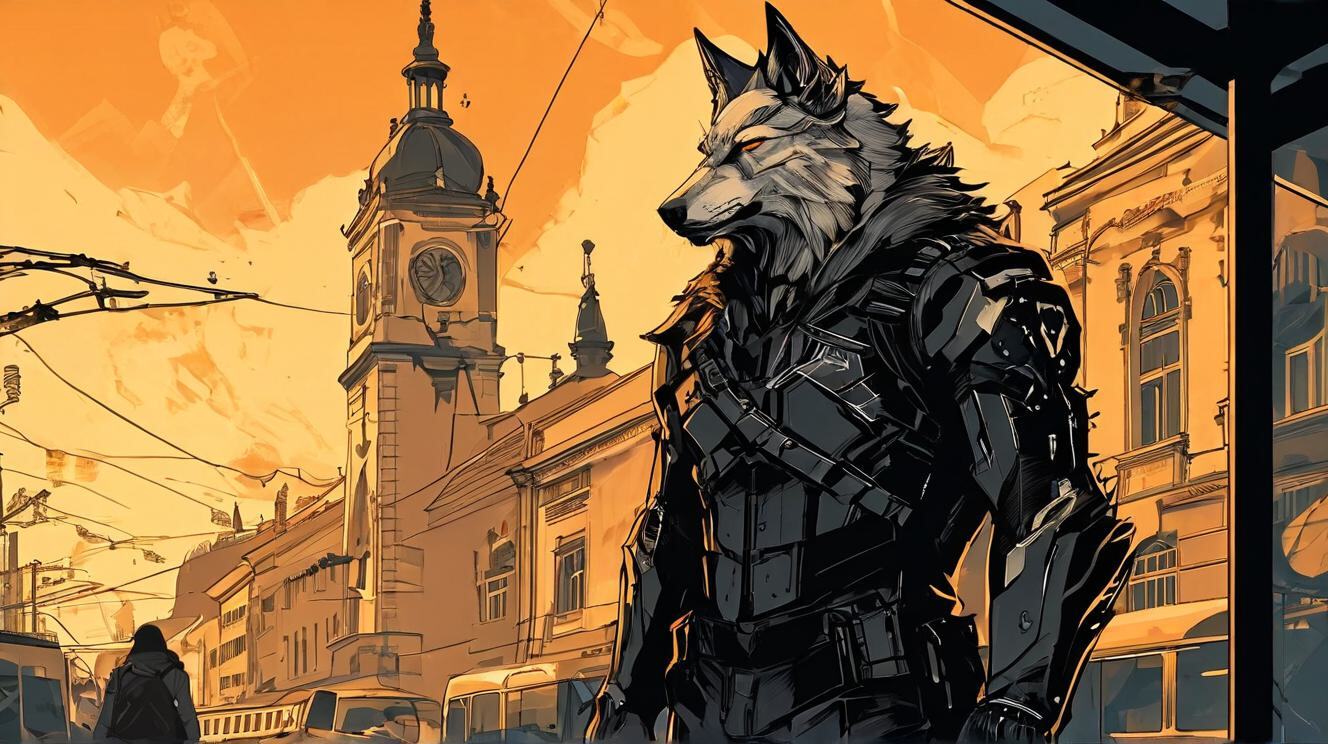 Furry art from Wolfmks #37 based on Deus Ex Mankind Divided™ - My, Furry, Art, Art, Furry art, Neural network art, Wolf, Furry wolf, Longpost, Cyberpunk, Lineart