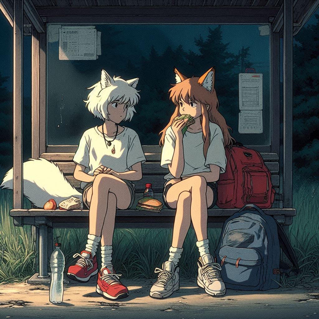 To an abandoned radio station, e03 - My, Neural network art, Нейронные сети, Art, Girls, Anime art, Anime, Original character, Kitsune, Animal ears, Tail, Redheads, Freckles, Hike, Summer, Memories, Bus, Ginger & White, Longpost