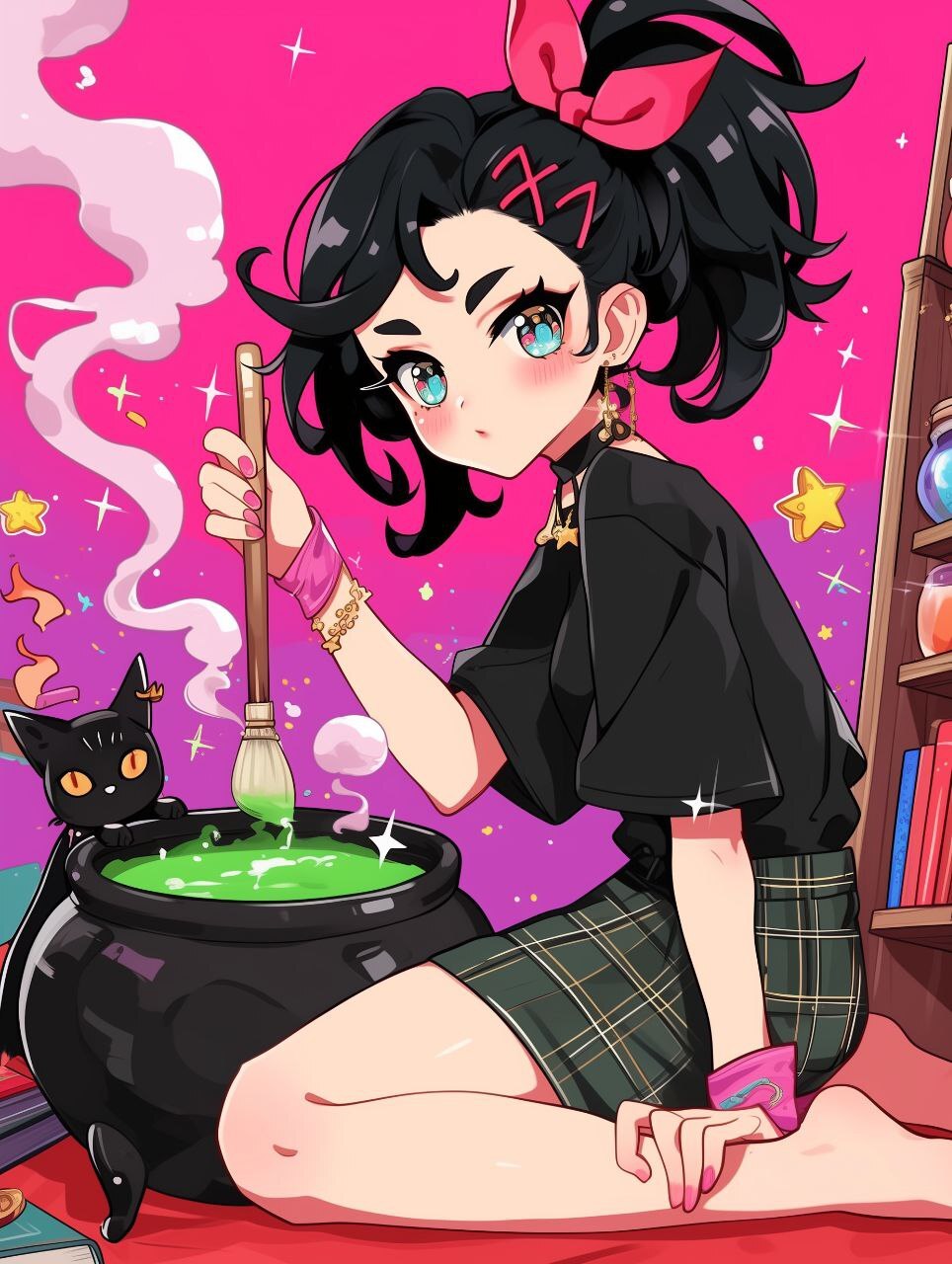 Witches and their furry helpers - My, Girls, Anime, Anime art, Art, Witches, Barefoot, Boiler, Potions, Neural network art, Original character, cat, Square, V, Digital drawing, Milota, Phone wallpaper, Potions, Longpost