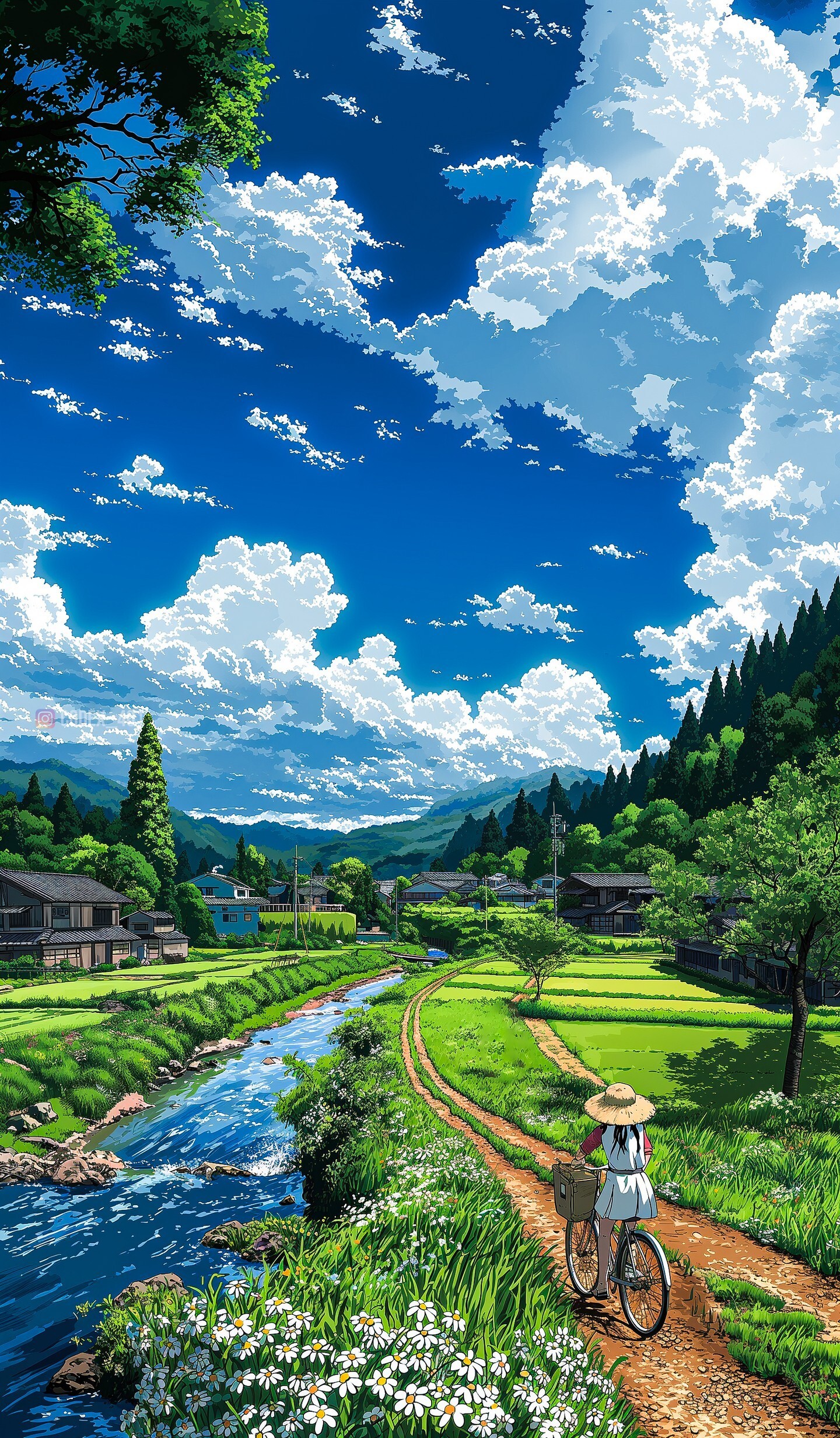 Peaceful village - Anime art, Anime, Girls, Nature, Summer, A bike, River, Neural network art