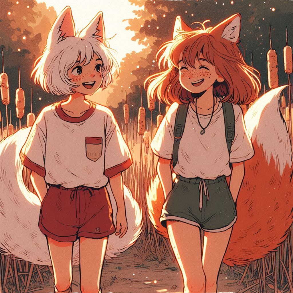 To an abandoned radio station, e03 - My, Neural network art, Нейронные сети, Art, Girls, Anime art, Anime, Original character, Kitsune, Animal ears, Tail, Redheads, Freckles, Hike, Summer, Memories, Bus, Ginger & White, Longpost